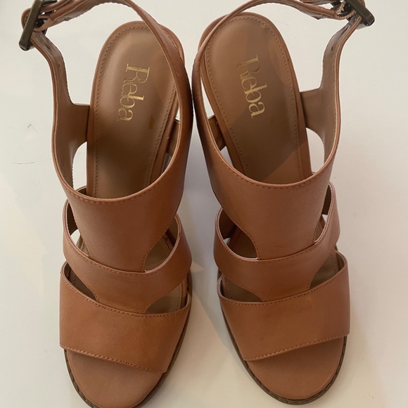 Reba "Skyla" Tan Beige Brown Sandals with Thick Heel - Picture 2 of 5